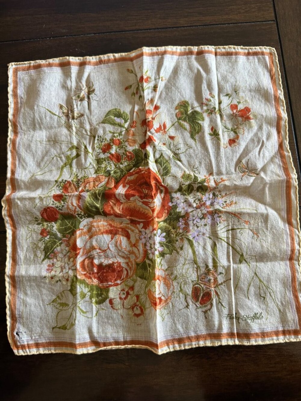 Vintage Flora Stoffels Handkerchief With Orange Roses & Bugs Print - Picture 2 of 16